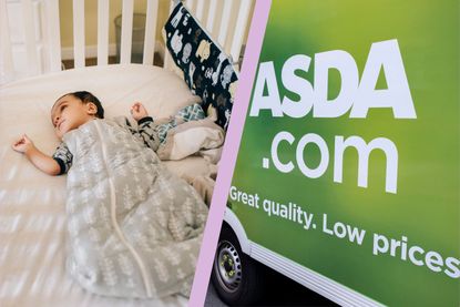 A collage of a baby in a sleeping bag and an Asda branded van