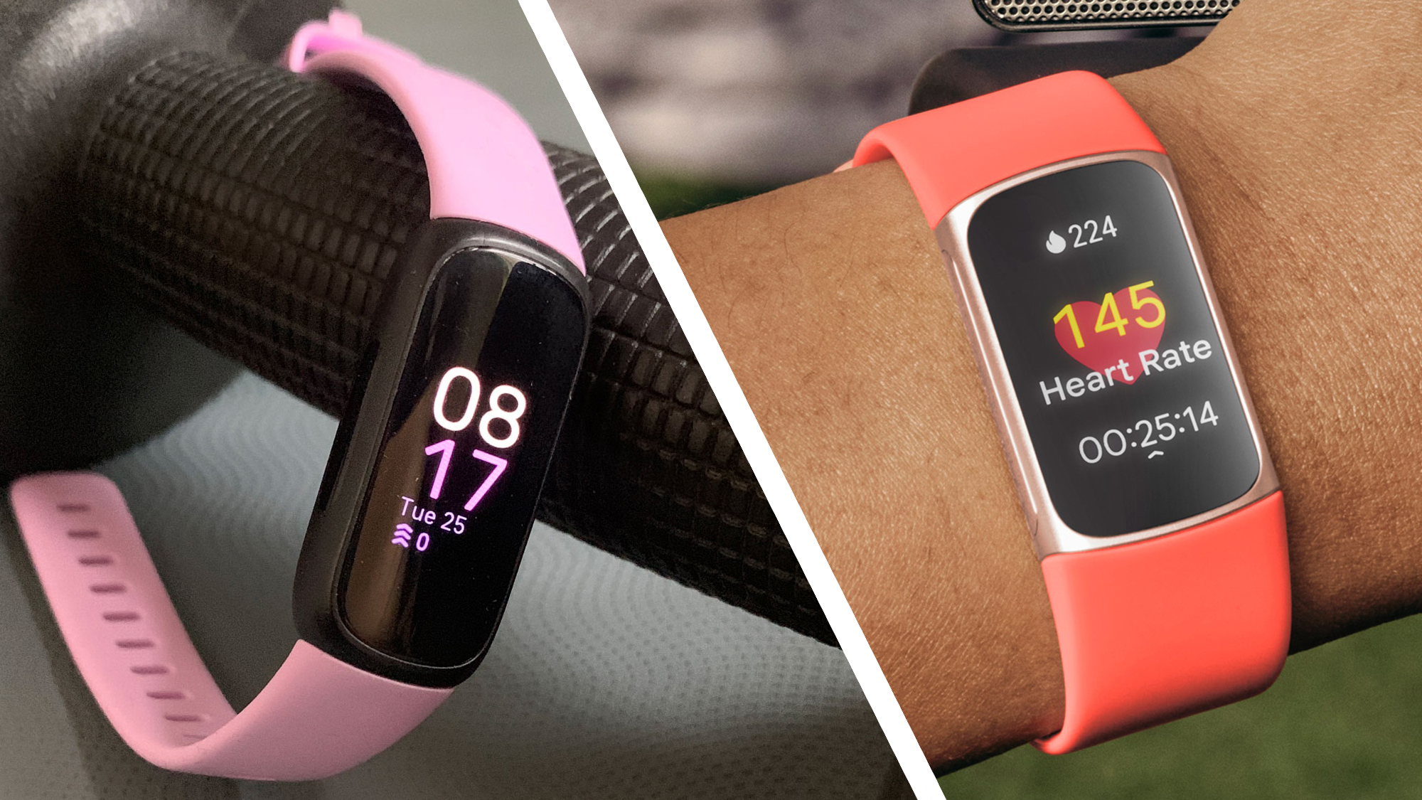 The Fitbit Inspire 3 resting on a dumbbell next to a wrist wearing the Fitbit Charge 6