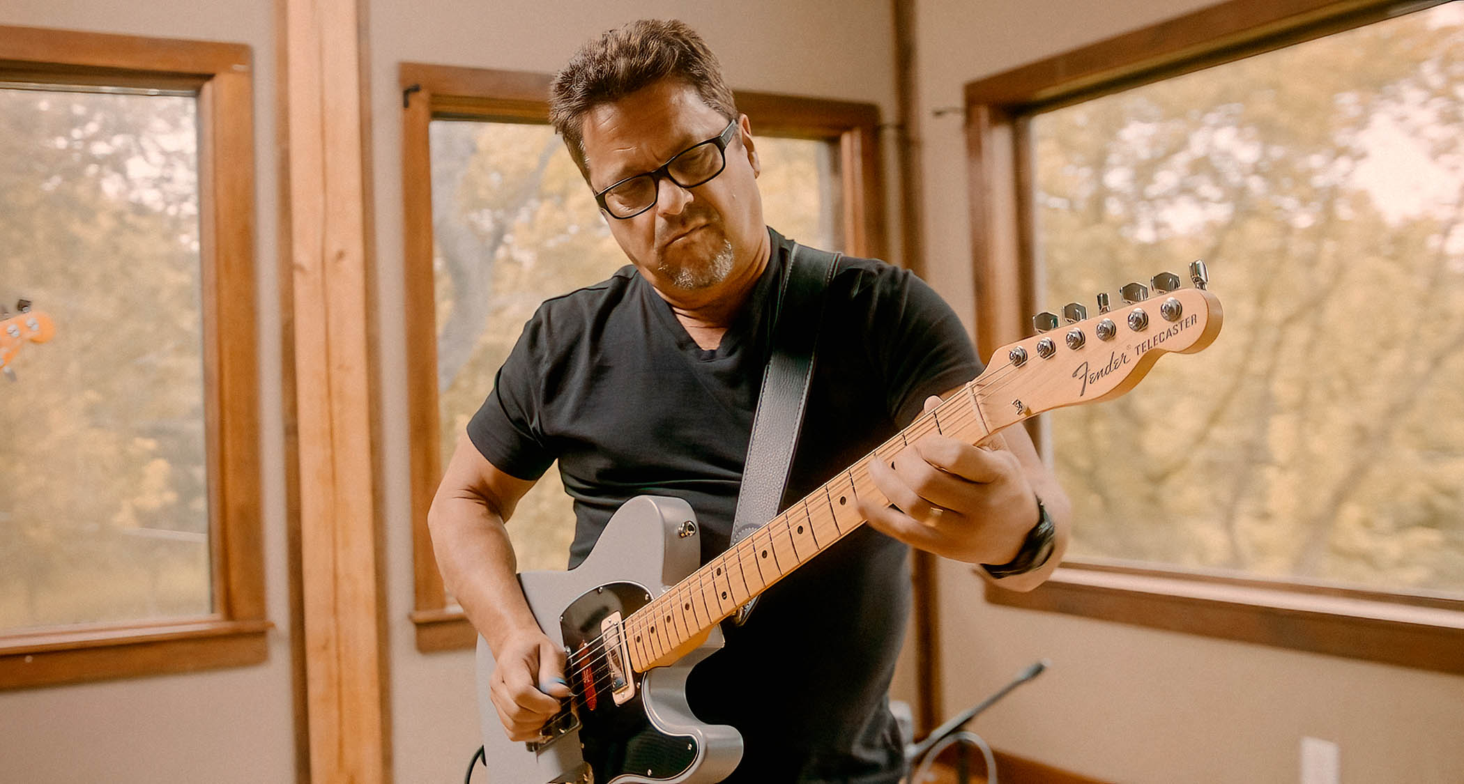 Studio ace Brent Mason with his Primer Gray signature Fender Telecaster, a heavily modded electric that can cover all bases.