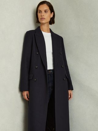 Wool-Blend Twill Double-Breasted Coat in Navy