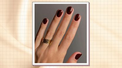 A hand with brown nail polish on and a gold ring, courtesy of @matejanova/ in a cream template