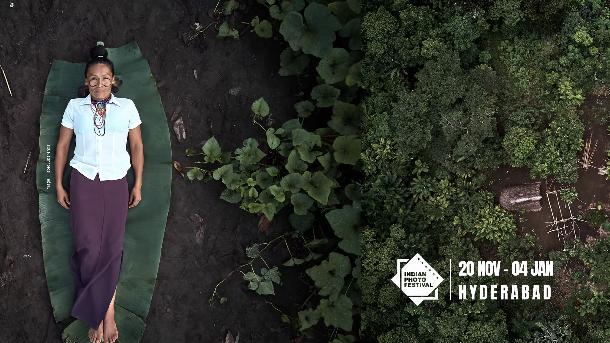 A woman is lying on large leaves on dark soil, surrounded by lush greenery. Text reads &quot;Indian Photo Festival, 20 Nov - 04 Jan, Hyderabad&quot;