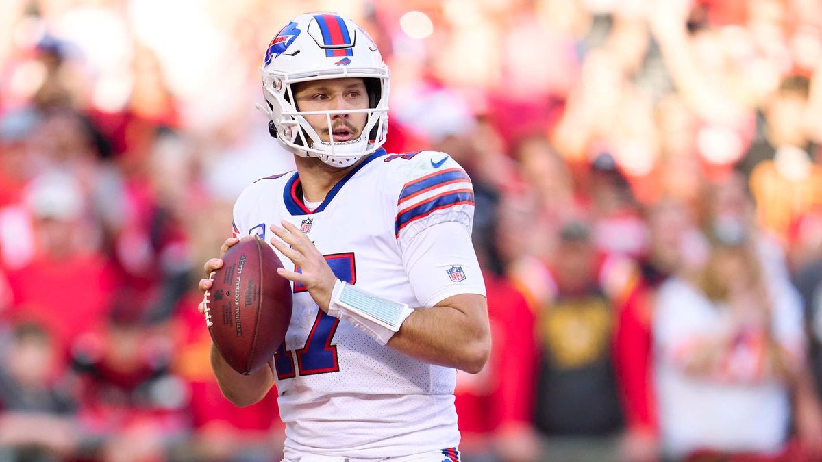 Josh Allen #17 of the Buffalo Bills drops back to pass against the Kansas City Chiefs during the first half at GEHA Field at Arrowhead Stadium on October 16, 2022 in Kansas City, Missouri.