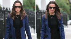 Composite of two pictures of Pippa Middleton wearing a blue blazer-style coat with a black dress and black boots in November 2011