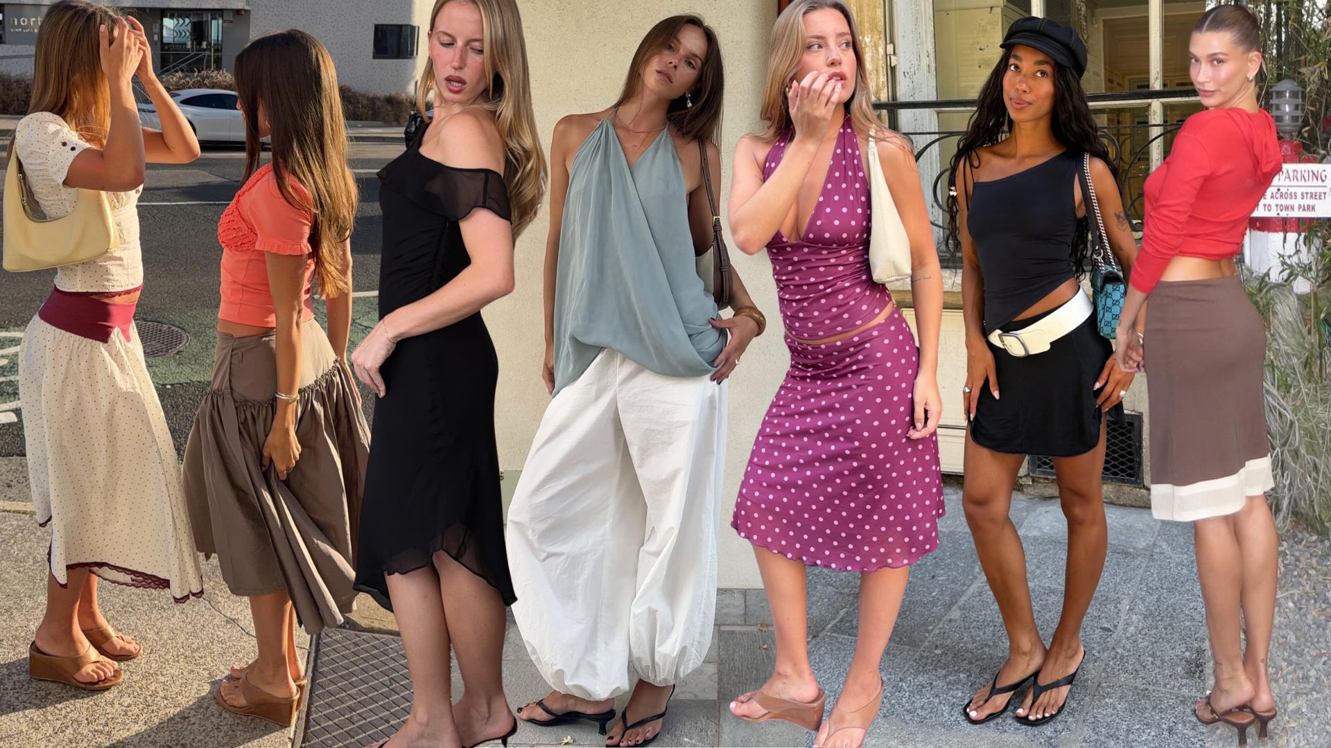 A collage of the key heeled flip-flop outfits of 2026.