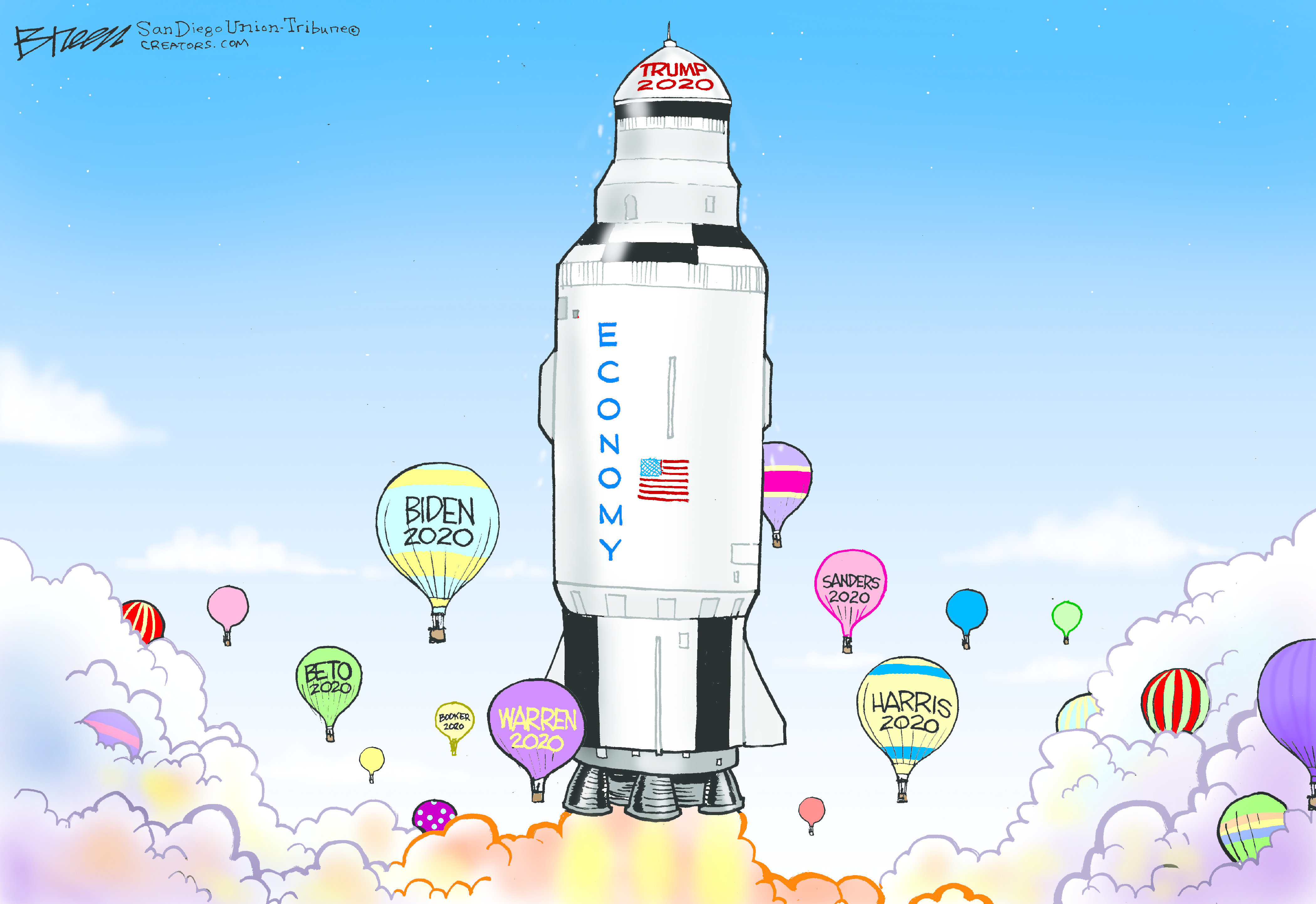 Political Cartoon U.S. Trump economy spaceship 2020