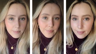 A three-picture collage - on the left, a close-up of Digital Beauty Writer, Naomi Jamieson's natural eyebrows, with no product on them, in the middle, a shot of her eyebrows with just the Anastasia Beverly Hills Brow Freeze applied and on the right, the finished look with Brow Freeze and a tinted brow gel applied