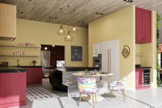 A kitchen with yellow patterned wallpaper, a round table and chairs, a black counter with pink patterned sides, a fridge built into the wall and pendant lights.