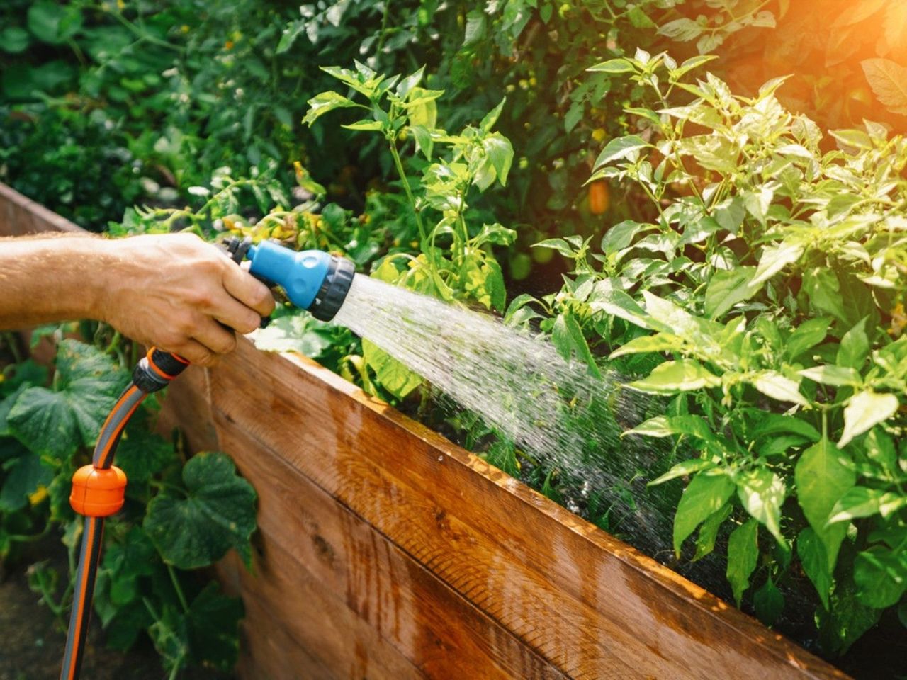 Hose watering vegetable plot