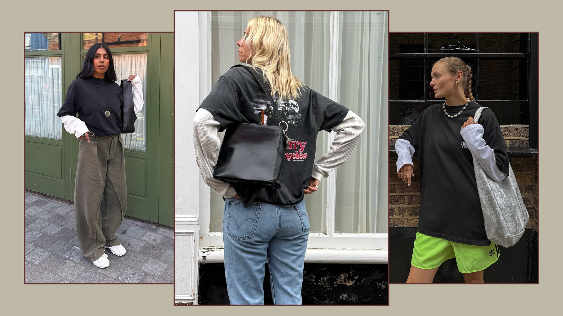 Three fashion people wear the layered t-shirt trend.