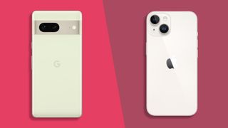 Google Pixel 7 in Lemongrass next to iPhone 14 in Starlight on split two-color background