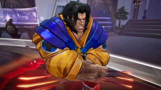 Marvel Rivals Wolverine and Phoenix team-up in Season 3: Wolverine gritting his teeth as he gets ready to leap. His claws glow orange and are covered in a red haze.