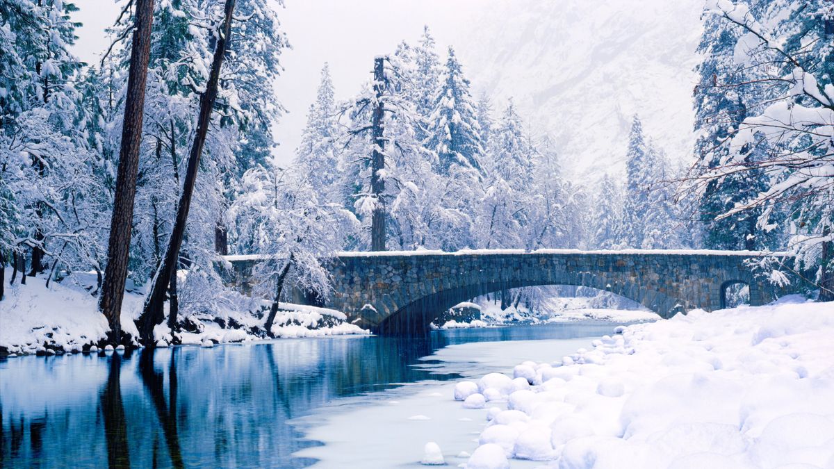 Snowfall at the Merced River, Yosemite National Park