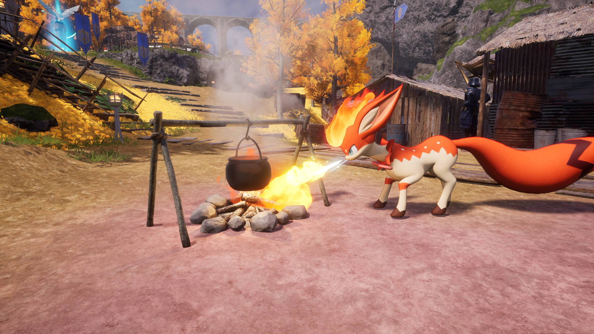 A fiery fox Pal creature in Palworld lights a campfire