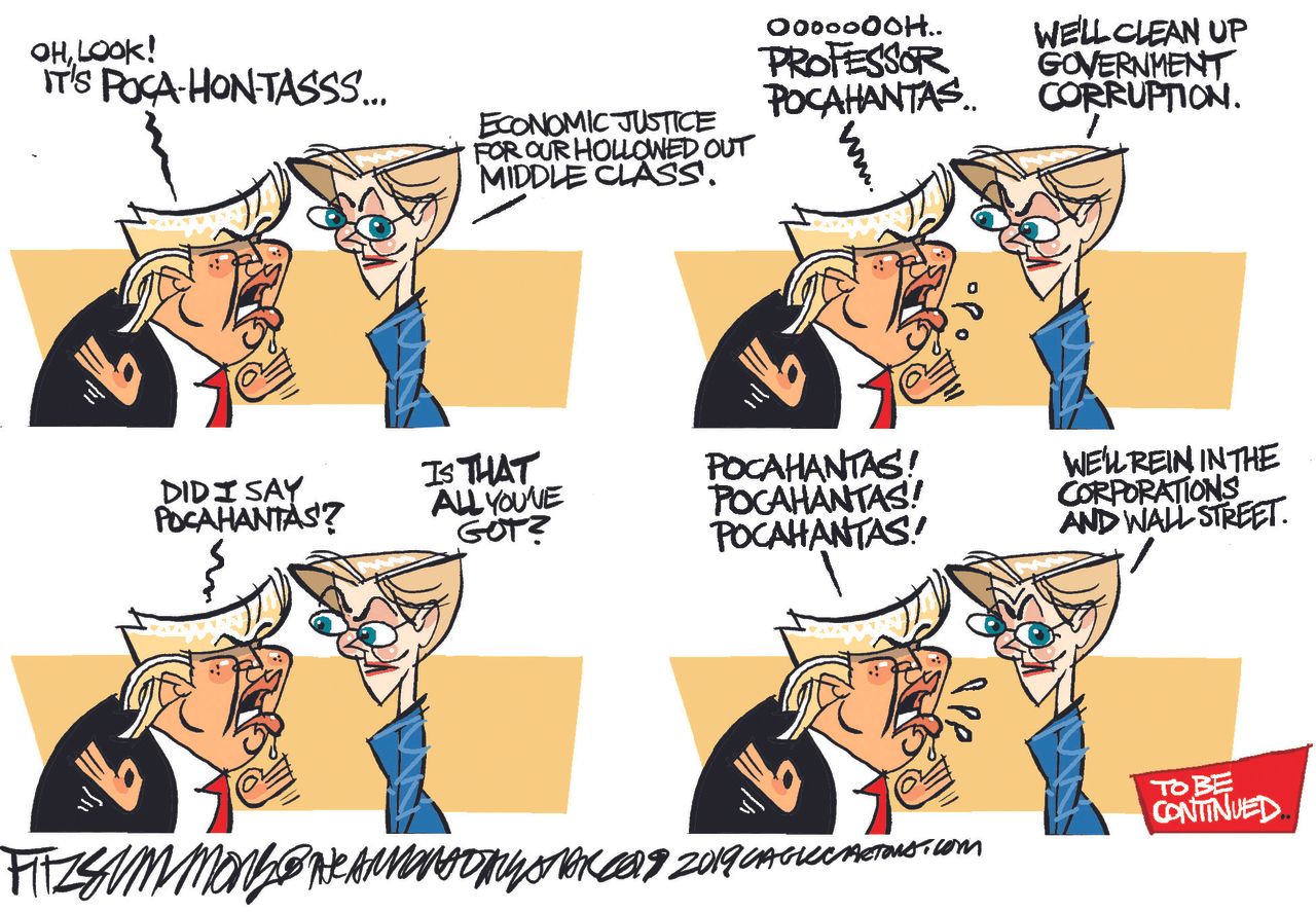 Political cartoon U.S. Trump Elizabeth Warren presidential campaign 2020 pocahontas