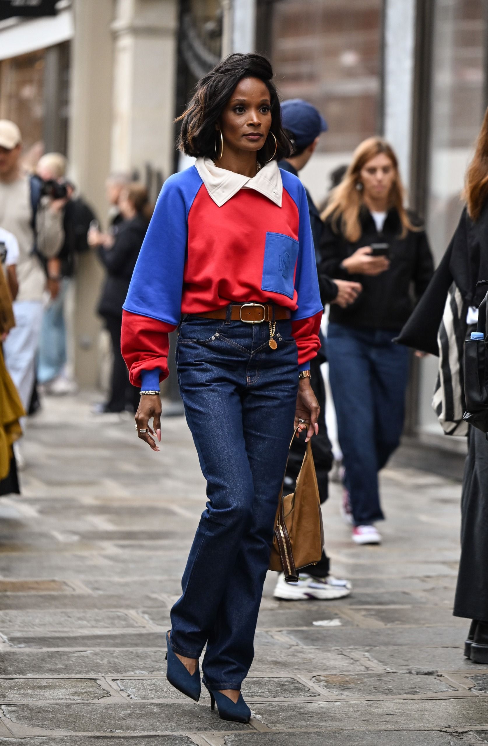 a French girl wearing the cobalt blue color trend at Paris Fashion Week 2026