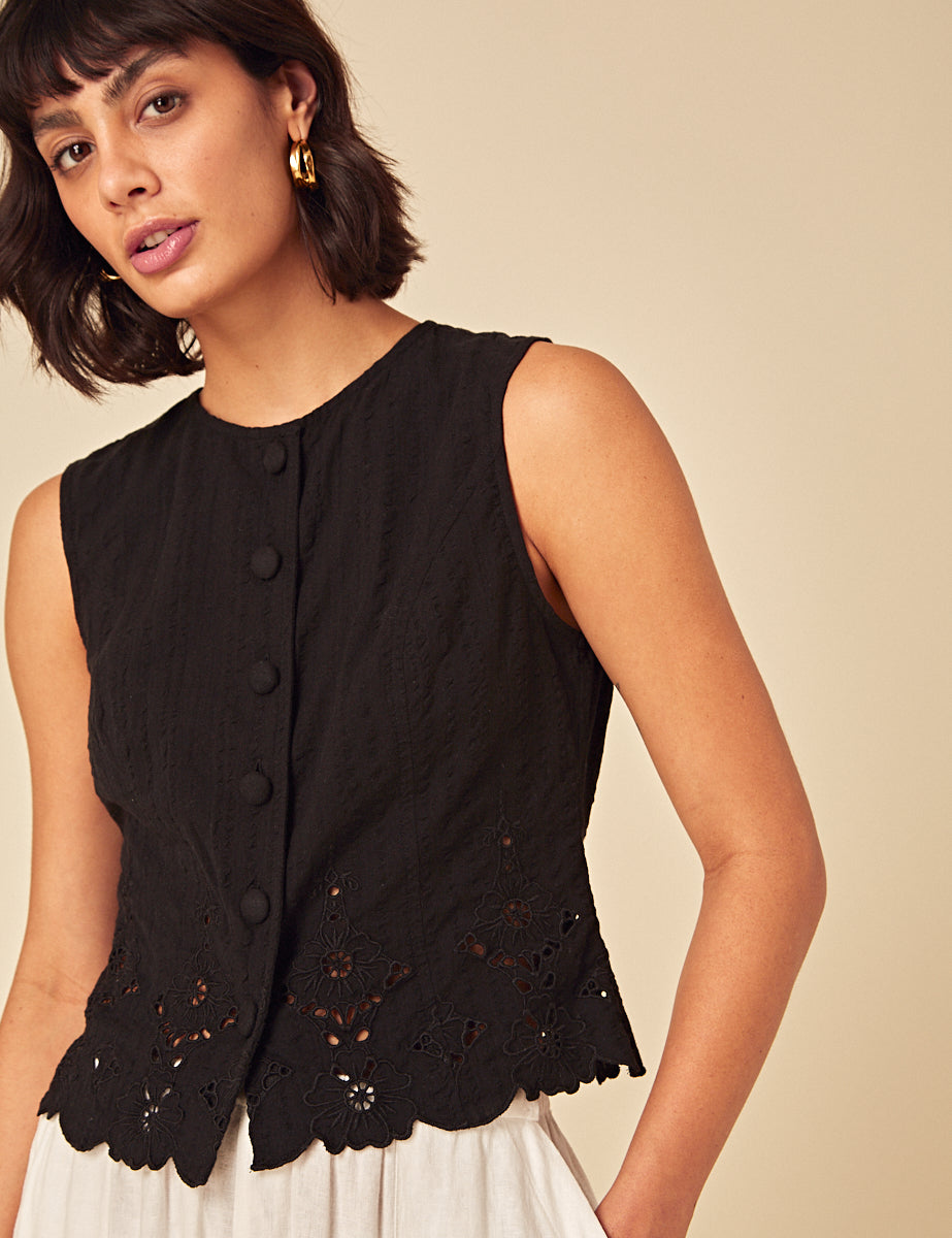 Black sleeveless Broderie anglaise top