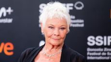 Image of Judi Dench smiling with a white pixie cut, wearing a black cardigan and a diamond-embellished necklace
