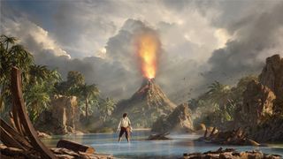 Official artwork for Bootstrap Island showing a man marooned on a tropical island