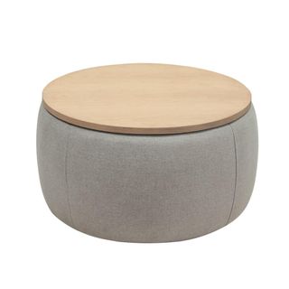 A gray storage ottoman with a wooden lid