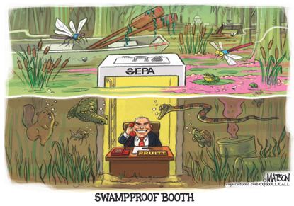 Political cartoon U.S. Scott Pruitt EPA corruption swamp soundproof booth