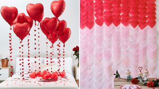 Heart-shaped balloons on a bed next to a wall with heart-shaped paper garlands on the wall behind a bed to show creative Valentine's day decorations