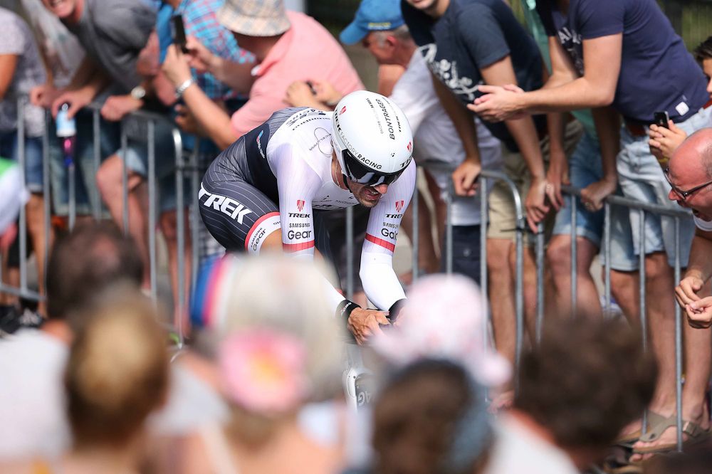 Fabian Cancellara rides through the crowds in Utrecht.