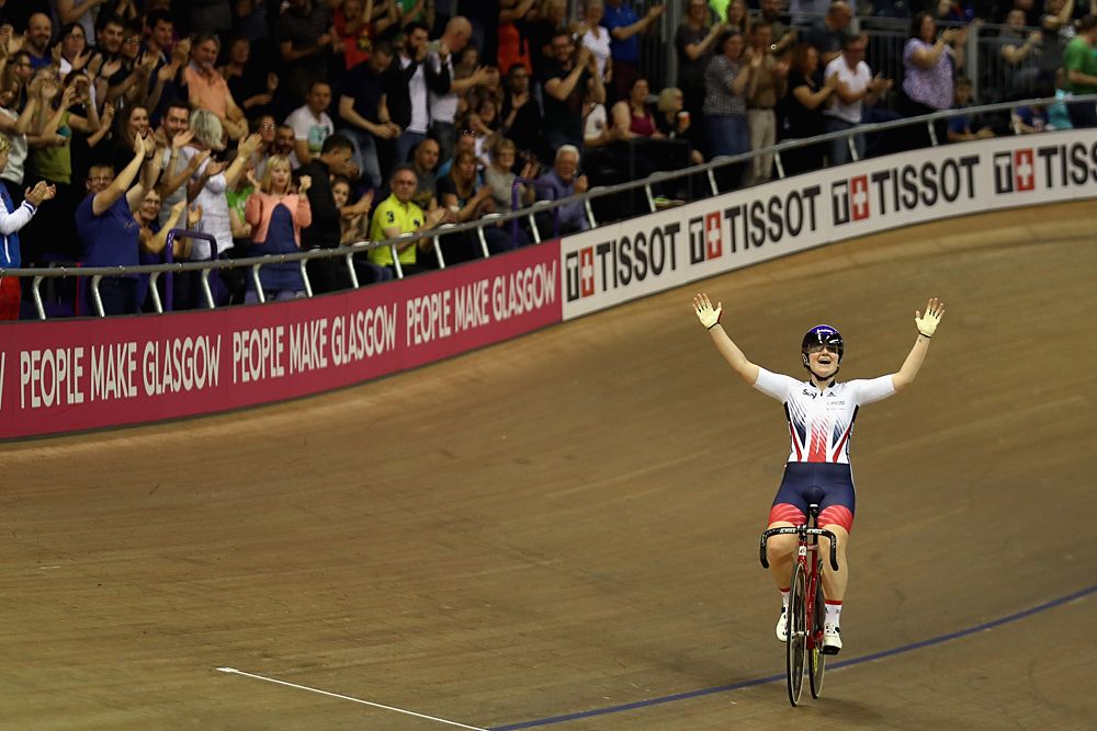 Britain's Emily Kay celebrates winning the Women's Omnium