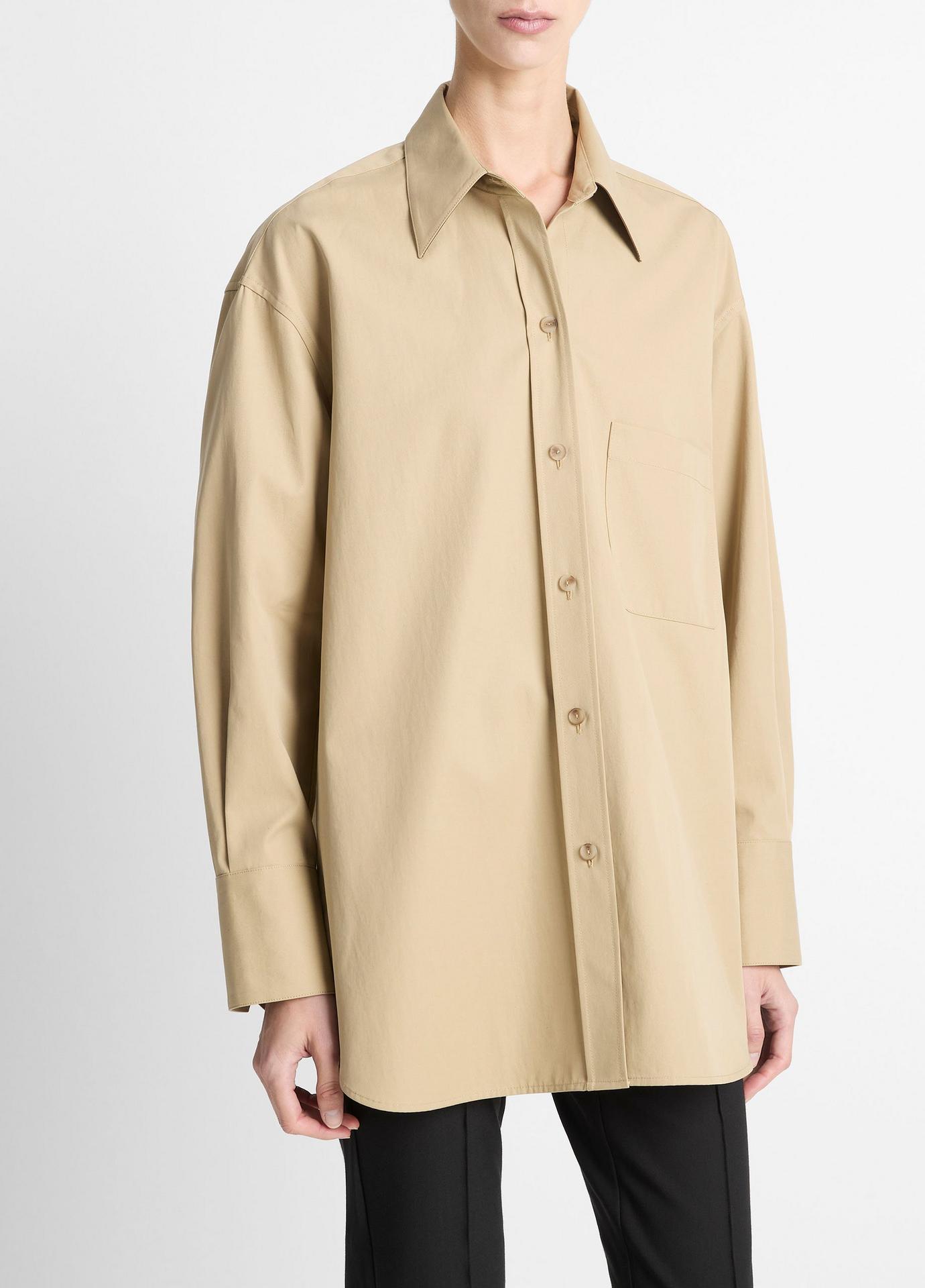 Faux-Leather-Trim Italian Cotton Oversized Button-Front Shirt
