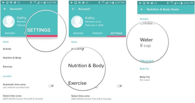 tap settings then nutrition then water