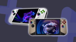 White MSI Claw A8 next to beige MSI Claw 8 AI+ handheld with blue backdrop and GamesRadar+ symbols.