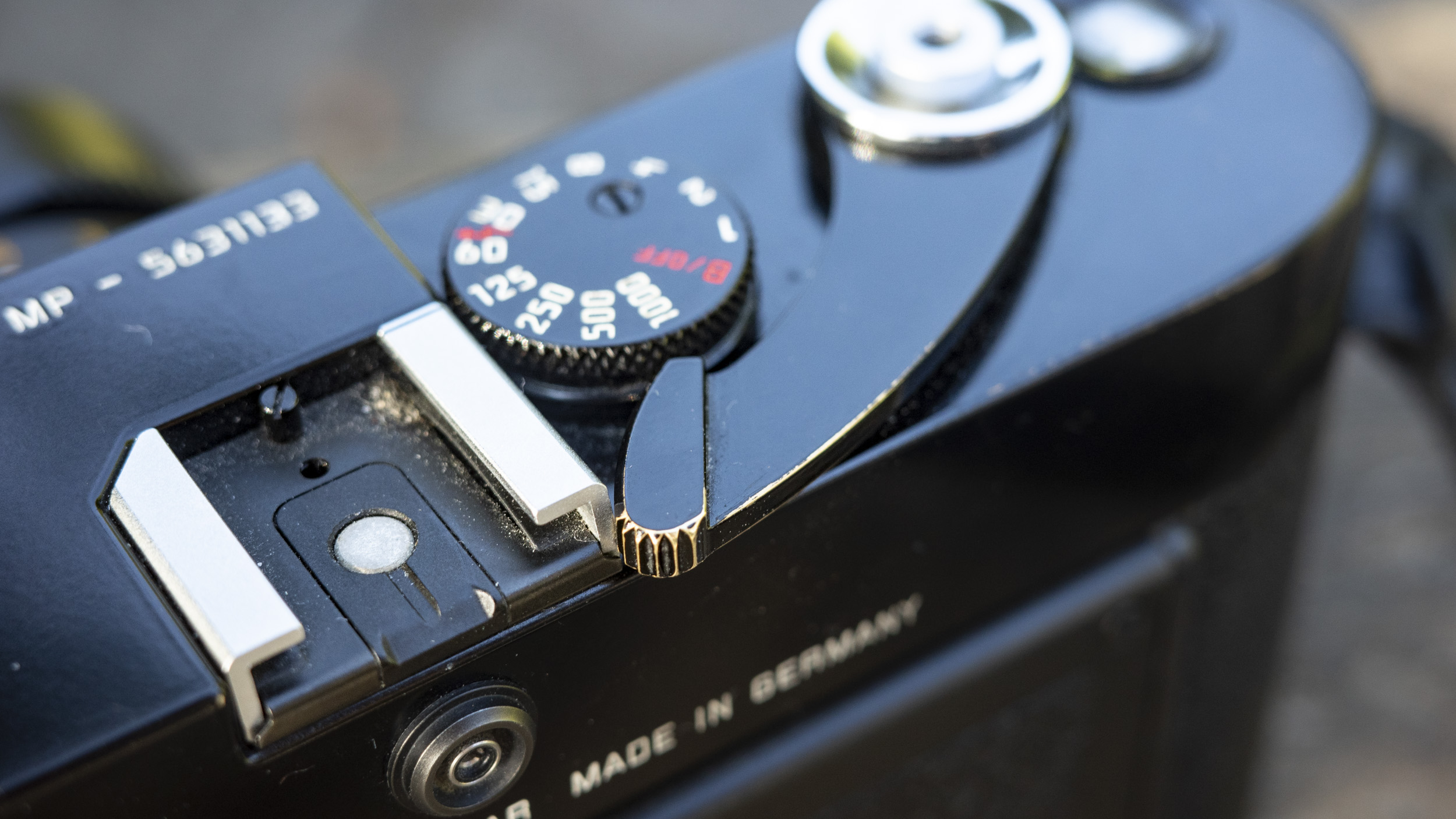 Closeup of the Leica MP film wind crank