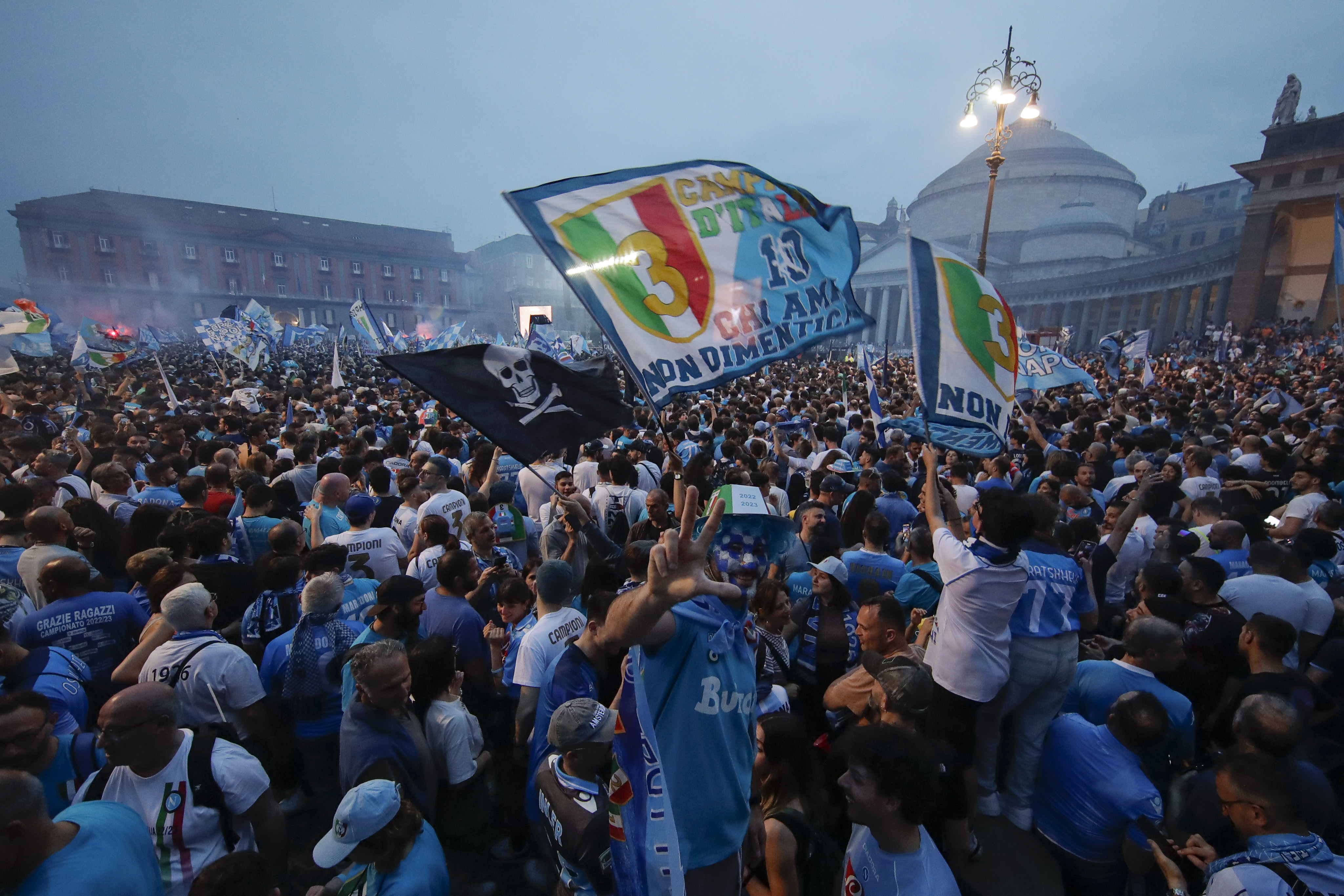 Thousands of Napoli fans celebrate their Scudetto win in the city centre in June 2023.