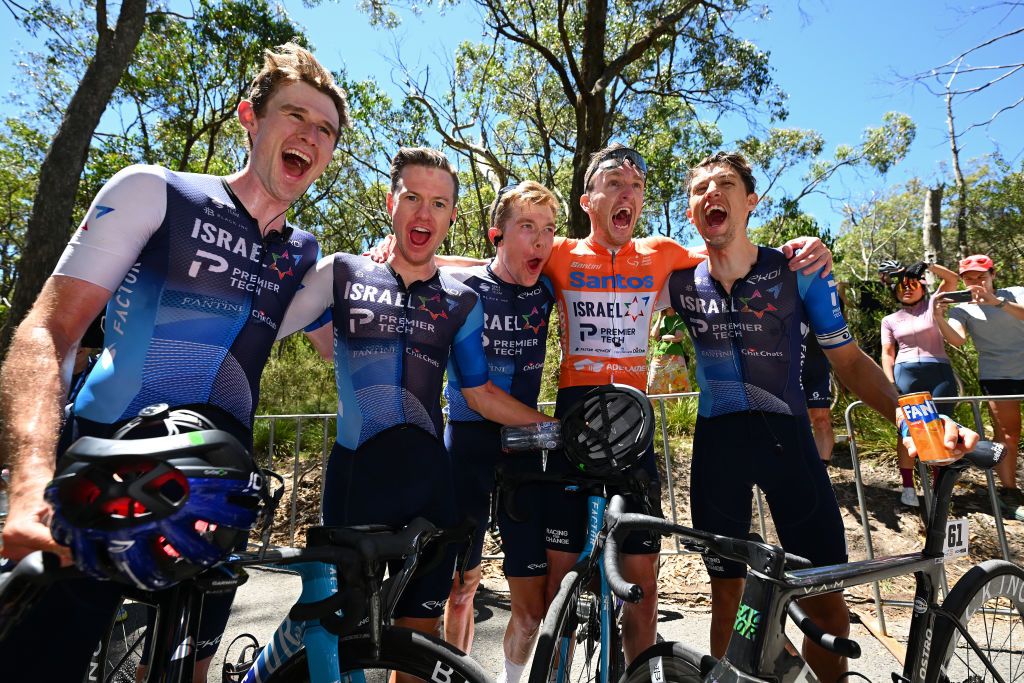  Derek Gee, Simon Clarke, Nick Schultz and overall race winner Stephen Williams celebrate his achievement after the final Tour Down Under stage in 2024