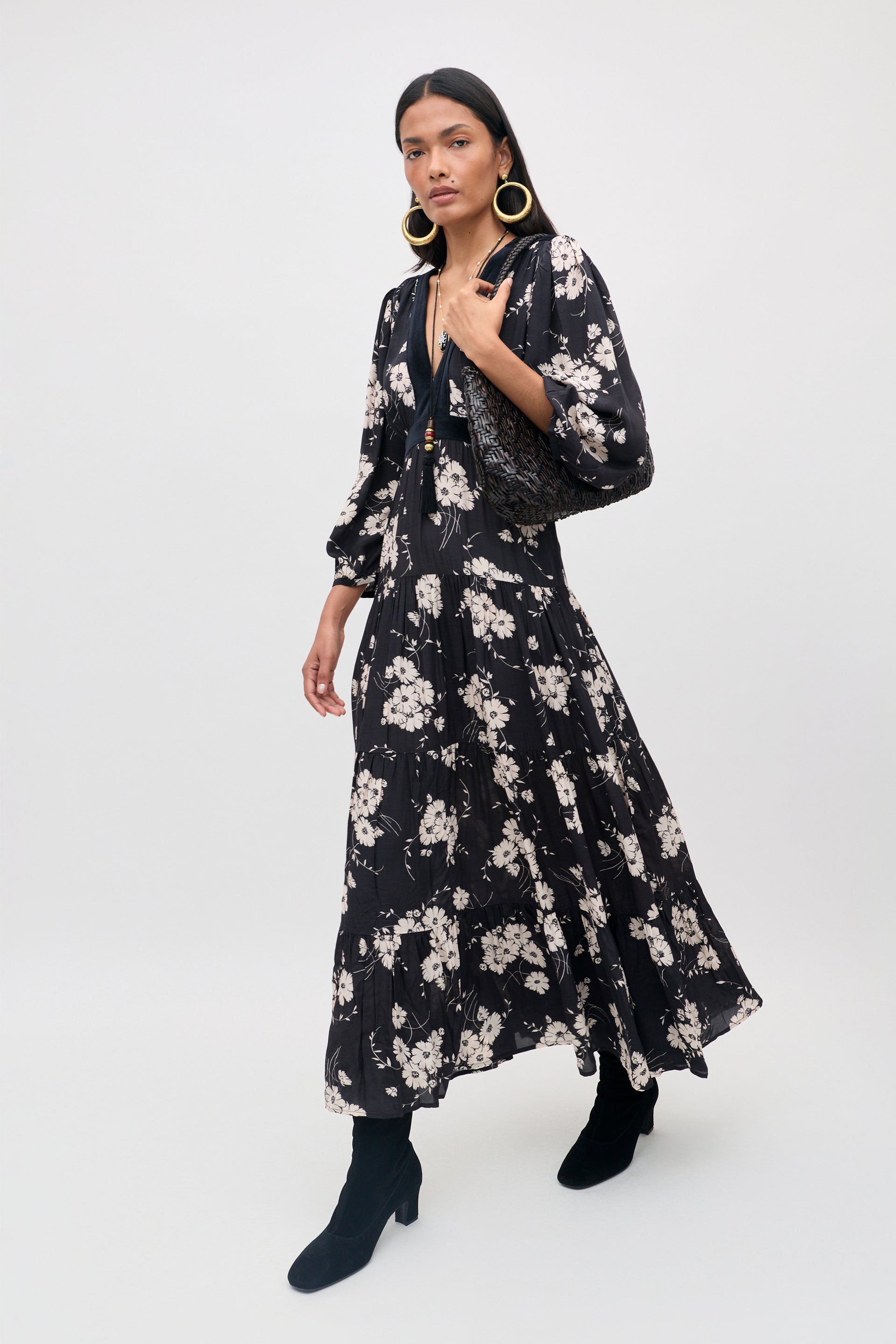 Marlene Crepe Midi Dress in Daisy Field Black