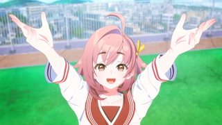 An anime girl raises her hands in Ame Nochi Hare Onna