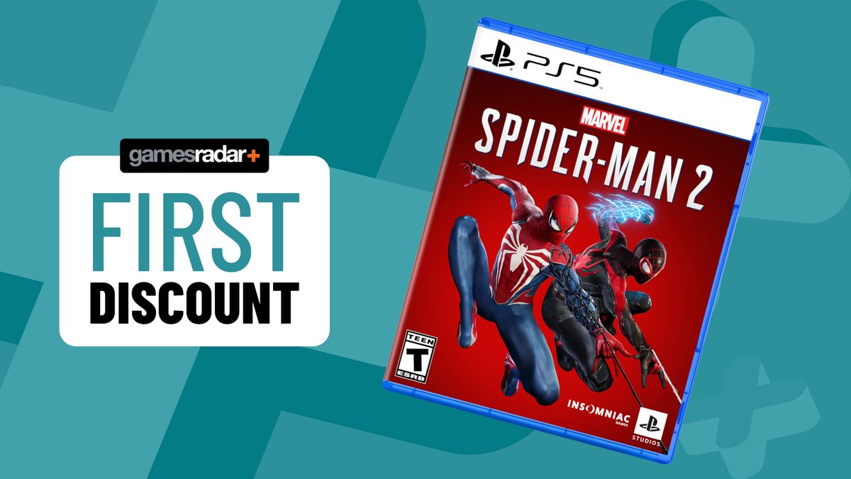 Marvel&#039;s Spider-Man 2 PS5 game box on a blue background with first discount badge