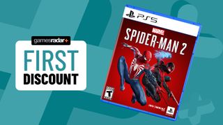 Marvel's Spider-Man 2 PS5 game box on a blue background with first discount badge