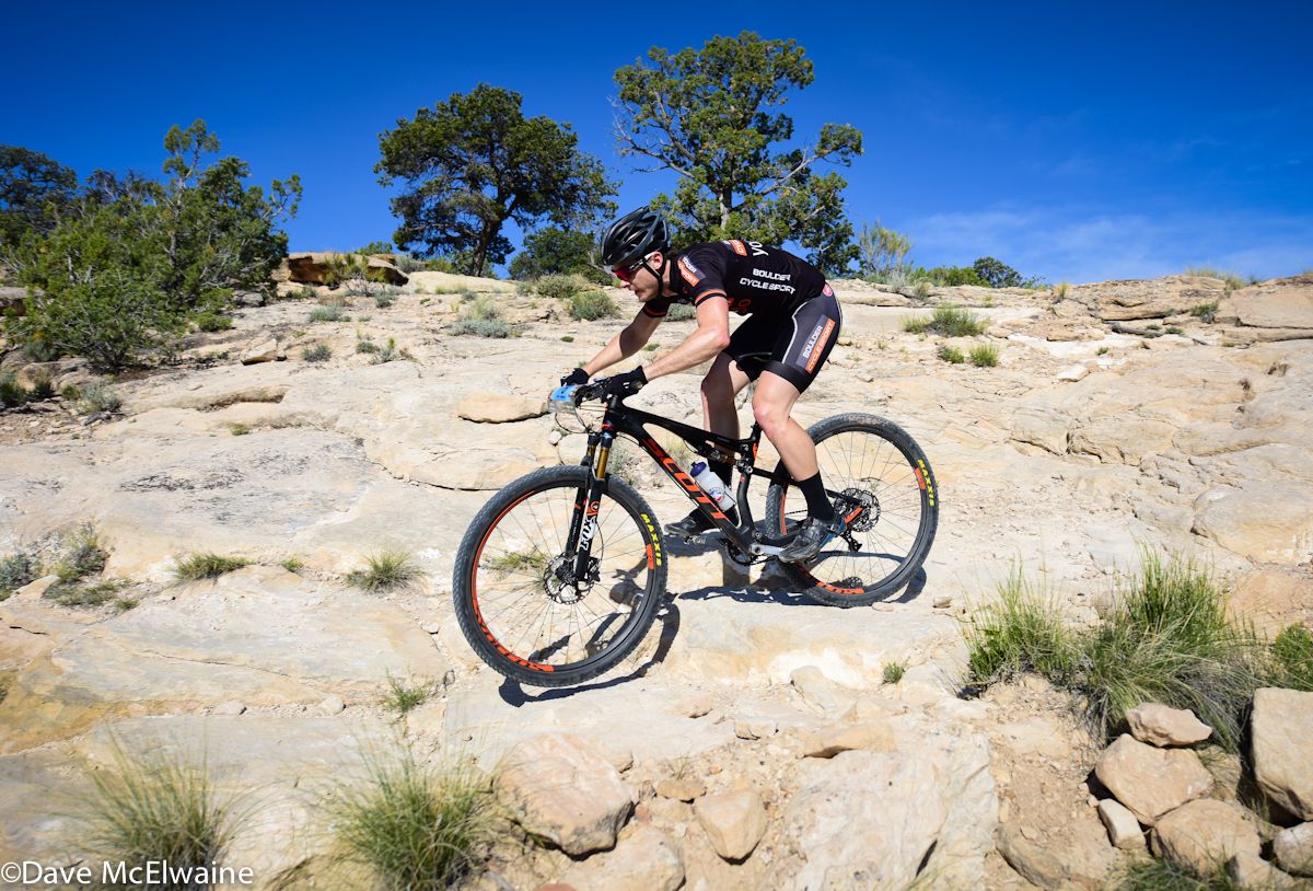 Chris Baddick (Boulder Cycle Sport) riding in fifth place after the first climb