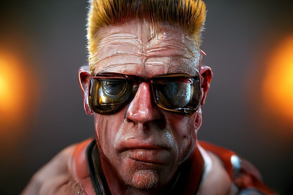 AI-generated hyper lumpy, grotesque reimagining of Duke Nukem