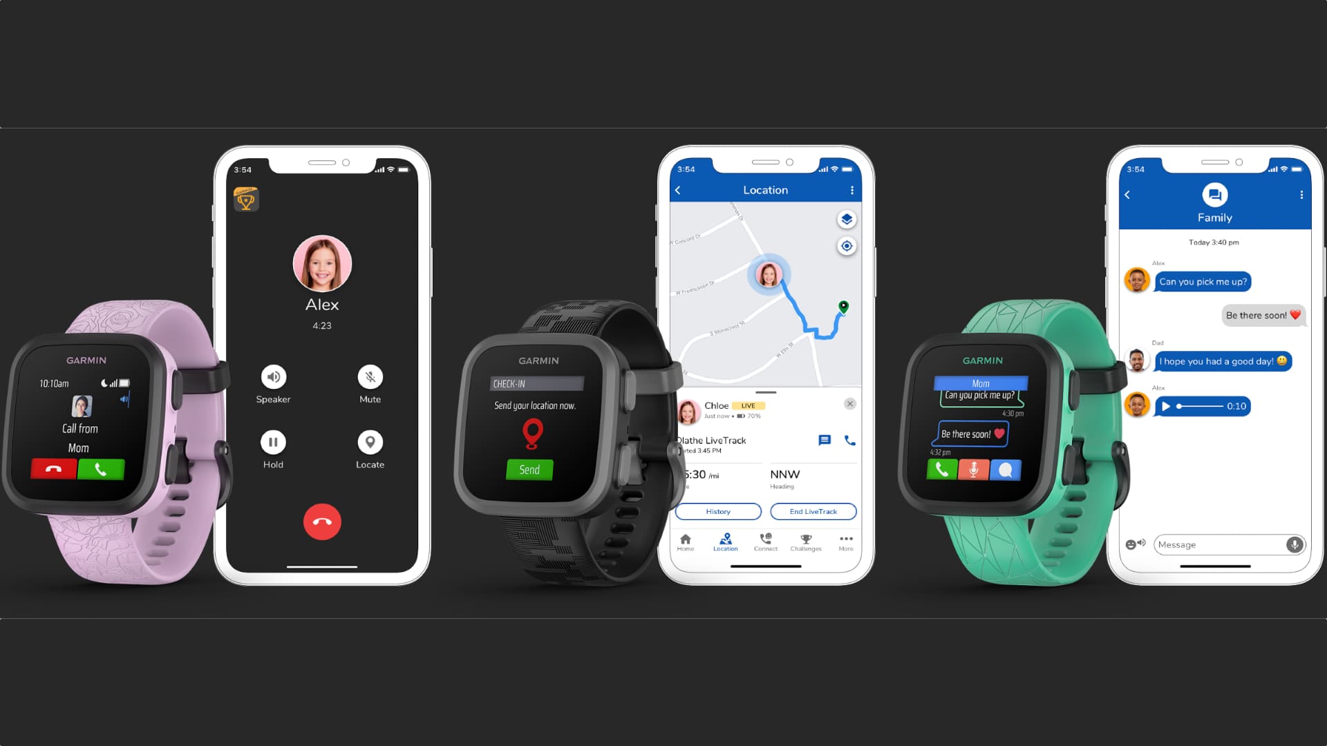 Tre färger av Garmin Bounce och Garmin Jr-appen