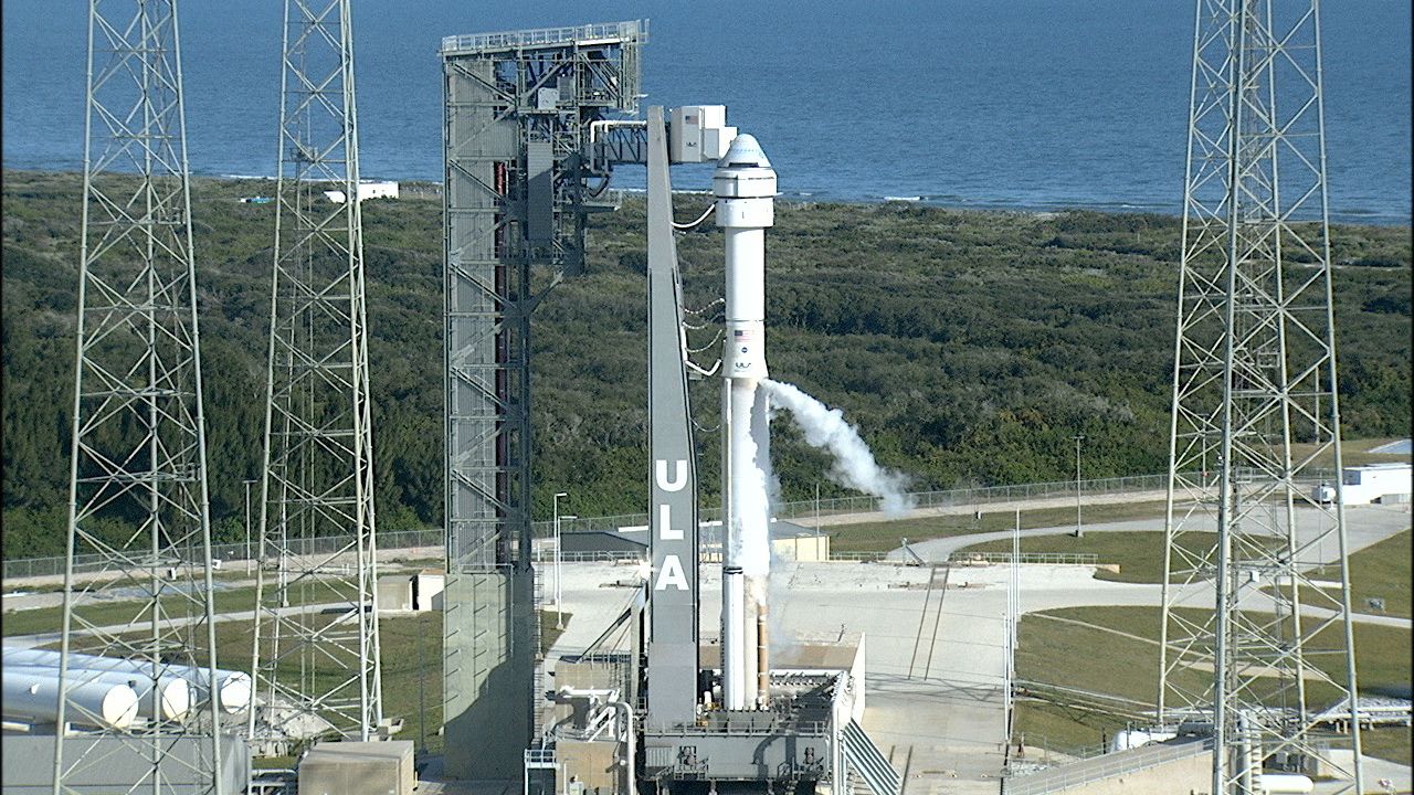 Boeing's first CST-100 Starliner spacecraft stands atop its United Launch Alliance Atlas V rocket during a "wet-dress" launch day rehearsal on Dec. 6, 2019.