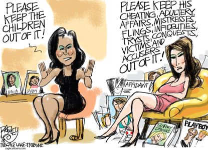 Political cartoon U.S first lady Michelle Obama Melania Trump children adultery mistress victims accusers