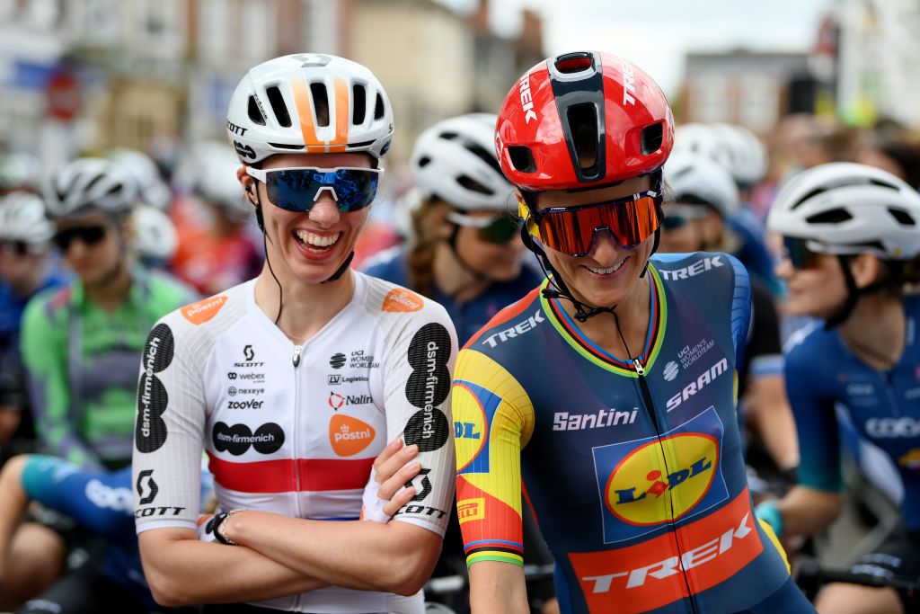 SAFFRON WALDEN ENGLAND MAY 24 LR Pfeiffer Georgi of The United Kingdom and Team DsmFirmenich PostNl and Lizzie Deignan of The United Kingdom and Team LidlTrek prior to the 10th Ford RideLondon Classique 2024 Stage 1 a 1592km stage from Saffron Walden to Colchester UCIWWT on May 24 2024 in Saffron Walden England Photo by Alex BroadwayGetty Images