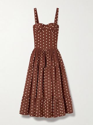 Brown Tiered Polka-Dot Cotton-Poplin Midi Dress