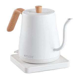 White modern pouring kettle with goose neck and wooden handle
