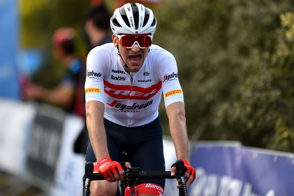 ALTO DE LAS ANTENAS DEL MAIGMO TIBI ALICANTE SPAIN FEBRUARY 04 Giulio Ciccone of Italy and Team Trek Segafredo crosses the finishing line during the 73rd Volta A La Comunitat Valenciana 2022 Stage 3 a 1551km stage from Alicante to Alto De Las Antenas Del Maigmo Tibi 1080m VCV2022 on February 04 2022 in Alicante Spain Photo by Dario BelingheriGetty Images