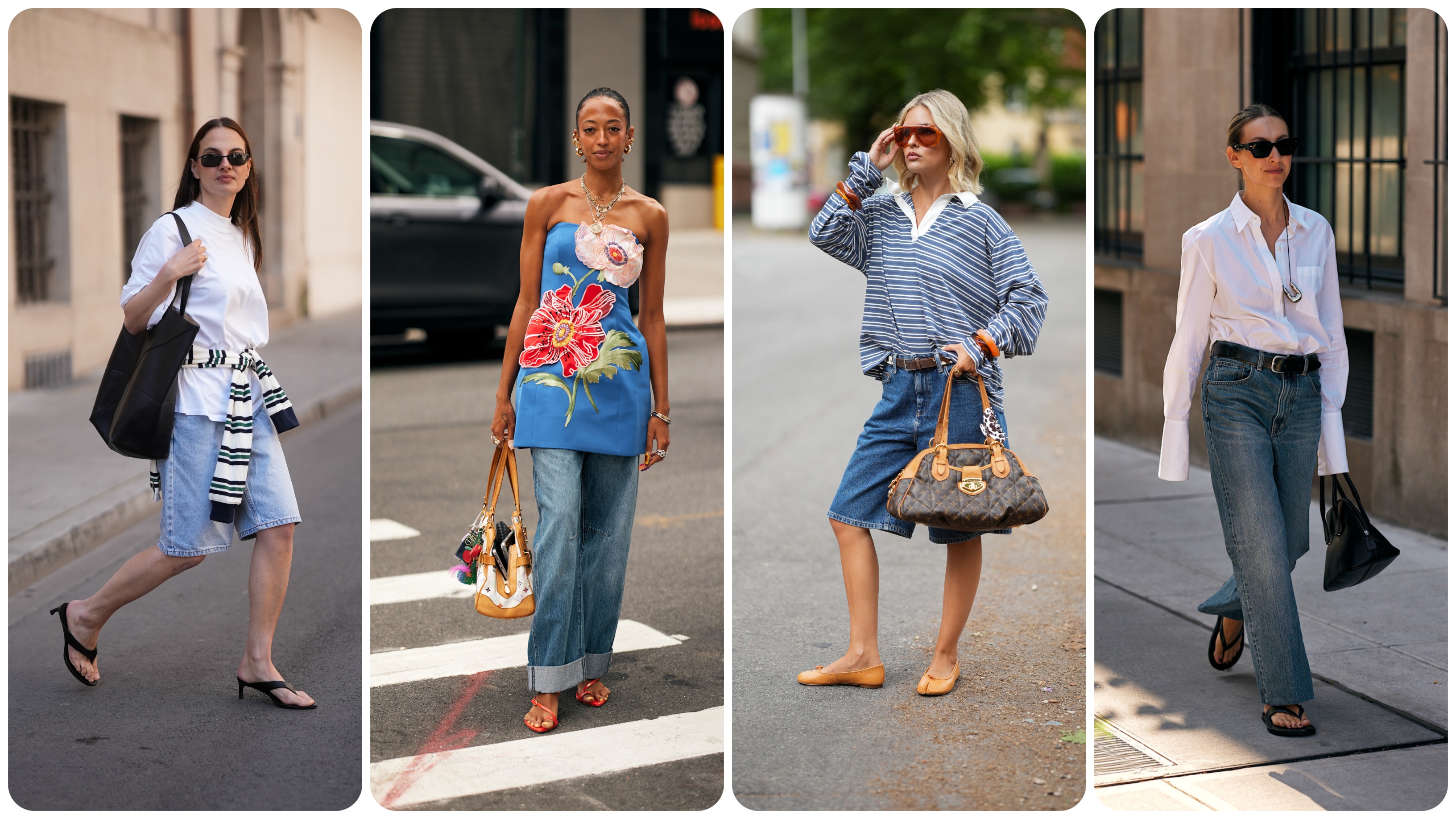 collage of woman wearing denim and summer shoes 