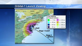 This NASA image depicts the visibility range along the U.S. East Coast for the launch of an Orbital Sciences Corp. Antares rocket launching Jan. 9, 2014 from NASA's Wallops Flight Facility on Wallops Island, Va.