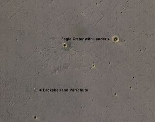 This annotated view of NASA's new photo of the Opportunity Mars rover's landing site identifies the rover's lander inside Eagle Crater and other components nearby. The image was captured by the Mars Reconnaissance Orbiter.